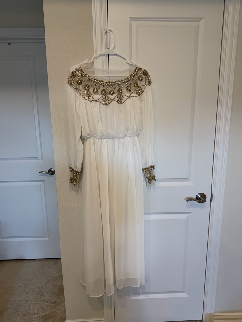 White Maxi Dress with Gold Embellished Neckline and Cuffs